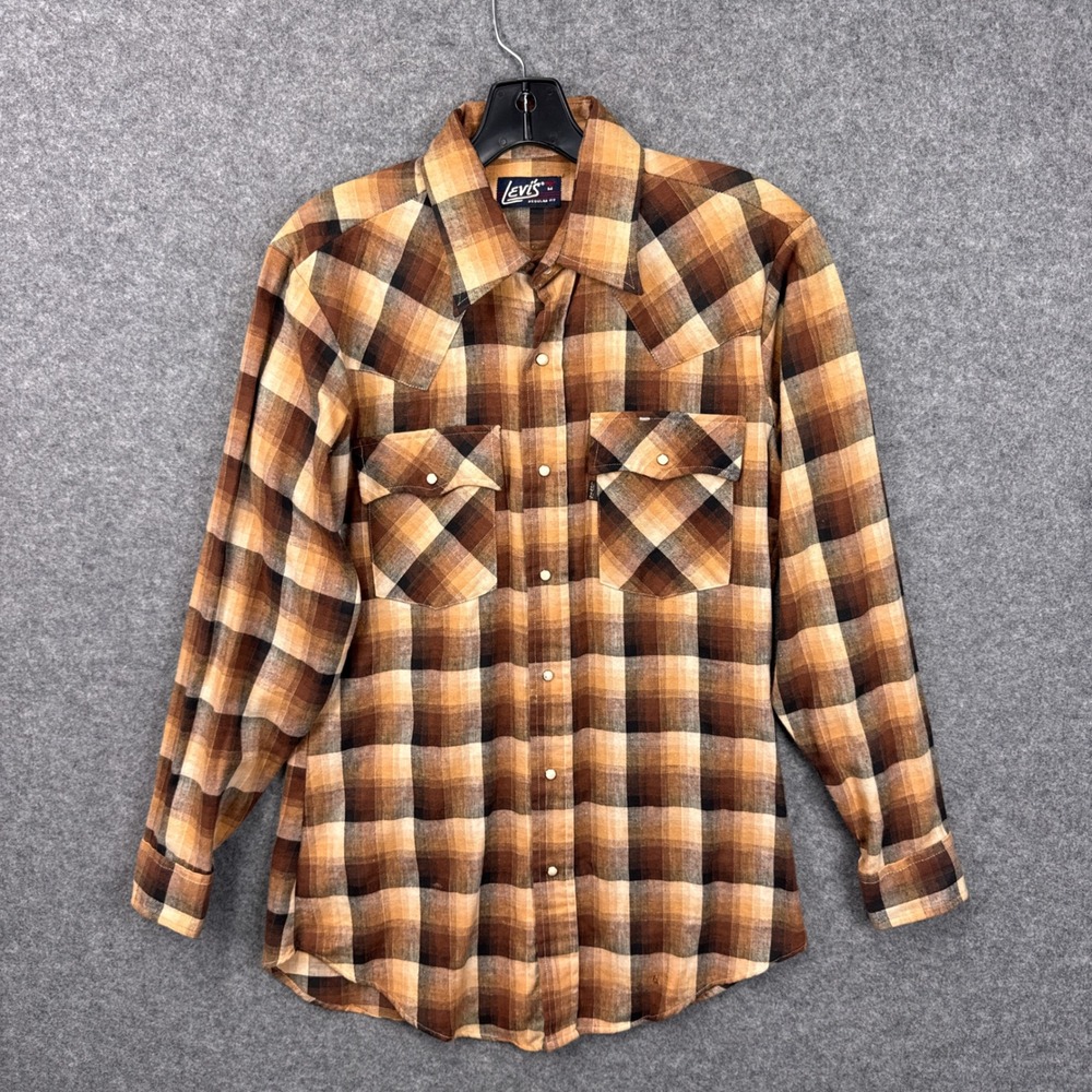 Levi's Western Shirt M Brown Plaid Cotton Pearl Snap Regular Fit Vintage USA